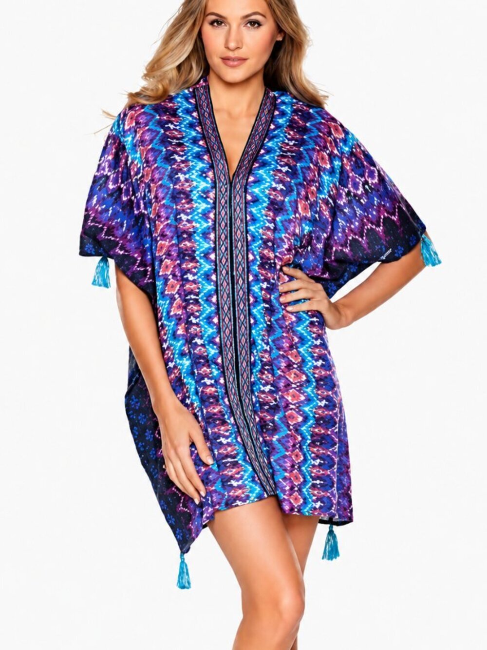Miraclesuit Bella Albra Printed Tassel Embroidered Caftan Cover-up SZ Small